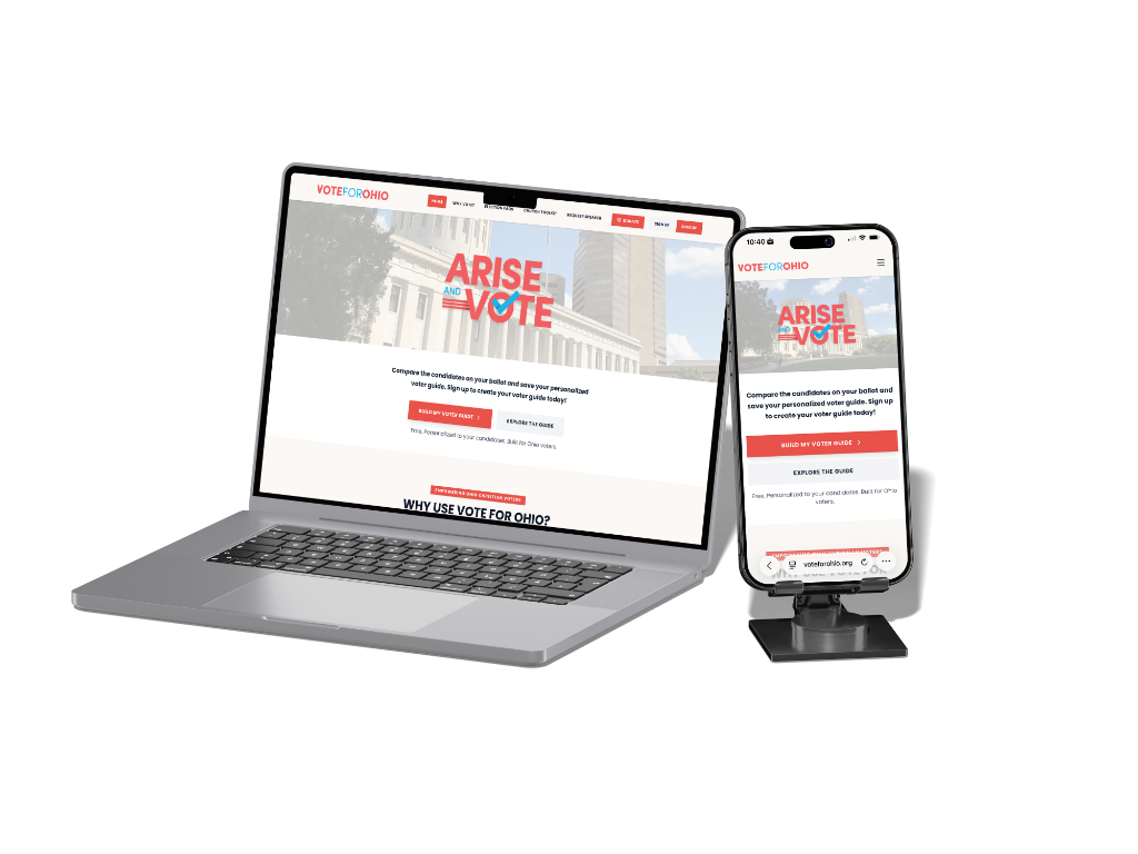 VoteForOhio nonpartisan candidate comparison platform on laptop and mobile